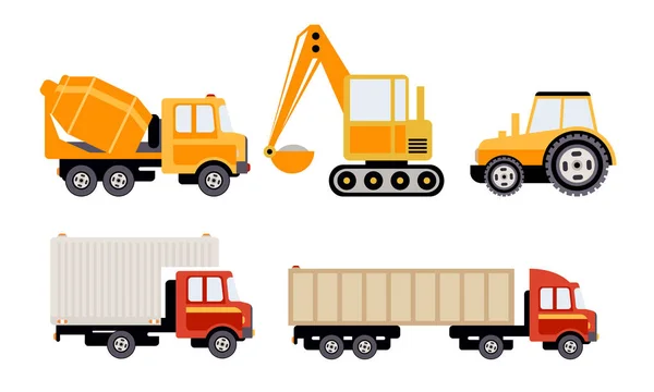 Cargo, Construction and Specialized Machinery Set, Concrete Mixer Truck, Excavator, Tractor, Tank, Refrigerator Vector Illustration — Stock Vector