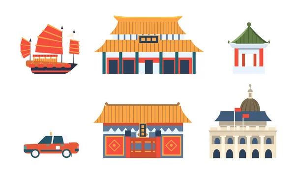 Čínská tradiční architektonická a kulturní symbolech, množina, cestování do asijských zemí vektorová ilustrace — Stockový vektor