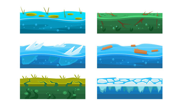 Набор фэнтези-платформ, текстур воды и льда для мобильных и компьютерных игр
