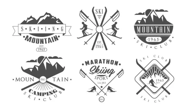 Berg camping en skiën retro logo sjablonen set, wild avontuur Vintage monochroom etiketten vector illustratie — Stockvector