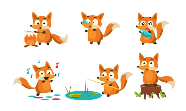 Cute Little Fox Doing Different Activities Set, Adorable Animal Character Roasting Marshmallow, Dancing, Fishing, Eating Vector Illustration — Stock Vector