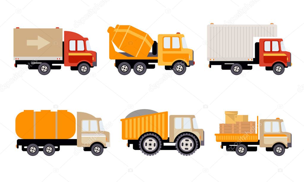 Cargo, Construction and Specialized Machinery for Transportation Set, Delivery Trucks Vector Illustration