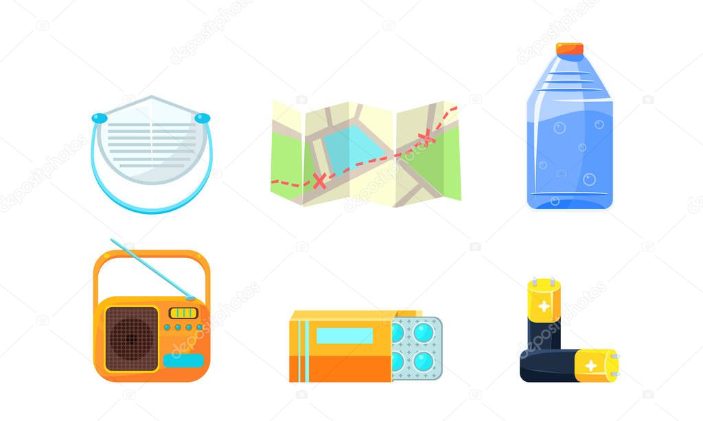 Travel Icons Set, Necessary Supplies for Trip and Traveling, Map, Bottle of Water, Radio, Medical Supplies, Accumulator Vector Illustration