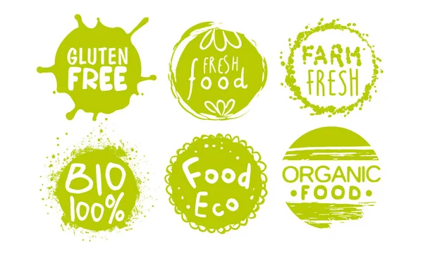 Set de plantillas de etiquetas de alimentos naturales orgánicos saludables para granja, Productos ecológicos Eco Bio, Insignias sin gluten Vector Illustration — Vector de stock