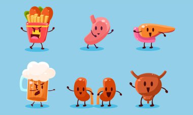 Kötü Alışkanlıklar Seti, İnsan Organlarının İmha Edilmesi, Alkolün Zararlı Bağımlılığı ve Fast Food Vektör İllüstrasyonu