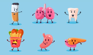 Kötü Alışkanlıklar Seti, İnsan Organlarının İmha Edilmesi, Sigaranın Zararlı Bağımlılığı ve Fast Food Vektör İllüstrasyonu