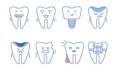 Komik Diş Karakterleri Seti, Diş Hekimliği ve Tedavisi, Farklı Duygular ve Komik Yüzler Vektör İllüstrasyon ile Dişler