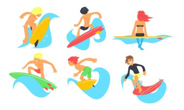 Surfers Karakterler Dalgalar Seti Sürme, Genç Adam ve Kadın Surfboards, Yaz Extreme Su Spor Vektör İllüstrasyon ile