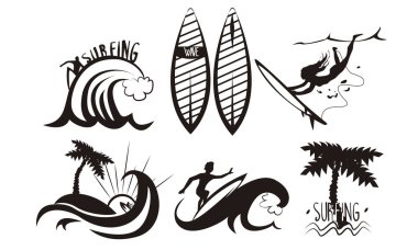 Surfers Siluetseti, Genç Adam ve Kadın Surfboards, Yaz Extreme Su Spor Elemanları Vektör İllüstrasyon ile Dalgalar Sürme