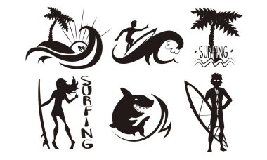 Surfers, Dalgalar, Palms Siluetler Seti, Erkek ve Kadın Surfboards, Yaz Extreme Su Spor Elemanları Vektör İllüstrasyon ile Dalgalar Sürme