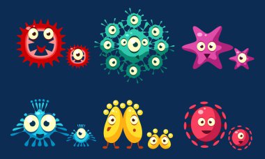 Sevimli Mikroplar Seti Koleksiyonu, Komik Renkli Mikroplar, Patojenler, Bakteriler, Virüsler Karakterler Vektör İllüstrasyon