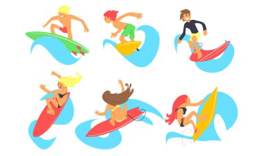 Erkek ve Kadın Surfers Karakterler Dalgalar Seti Sürme, Surfboards, Yaz Extreme Su Spor Vektör İllüstrasyon ile Gençler