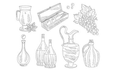 Şarap Seti, El Çizilmiş Şarap Nesneleri, Çeşitli Şişeler, Wineglass, Üzüm Vektör İllüstrasyon