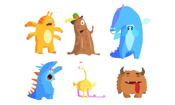 Aranyos vicces szörnyek beállítása, vicces imádnivaló színes szörnyek karakterek vicces arcok Vector illusztráció — Stock Vector