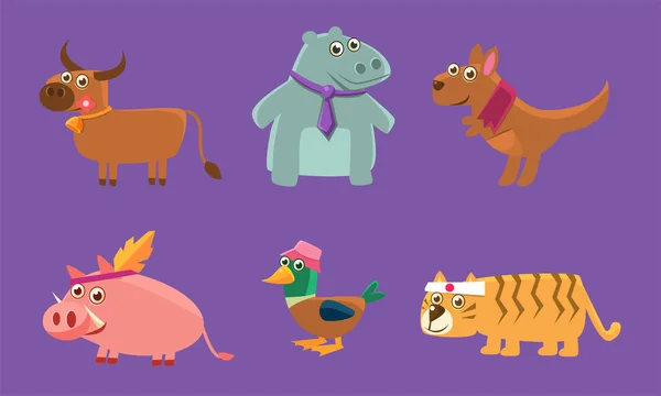 Animales lindos Set, ciervo, hipopótamo, canguro, cerdo, pato, tigre Vector Ilustración — Vector de stock