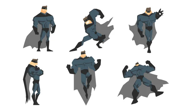 Supereroe in diverse pose d'azione, coraggioso personaggio supereroe in costume grigio e maschera nera illustrazione vettoriale — Vettoriale Stock