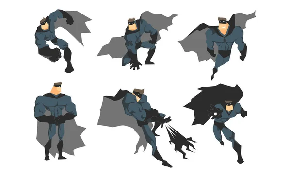 Male Superhero in Different Action Poses Set, Courageous Superhero Character in Gray Costume, Waving Cloaks and Black Mask Vector Illustration — Stock Vector