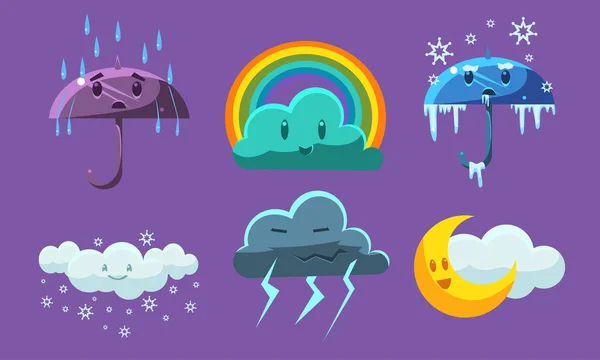 Symboles météorologiques réglés, prévisions météorologiques Illustration vectorielle des signes enfantins — Image vectorielle