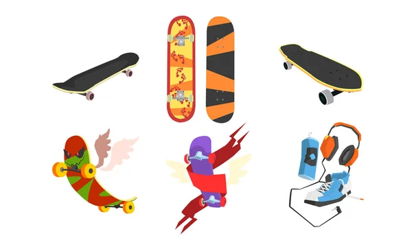 Coleção de Skates, Estilo de Vida Ativo, Ilustração de Vetor de Equipamentos Esportivos Extremos — Vetor de Stock