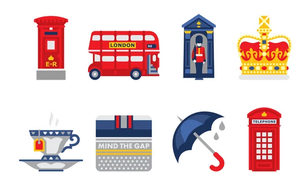 Conjunto de símbolos de Londres, elementos de Inglaterra, autobús rojo, taza de té, paraguas, cabina telefónica roja, ilustración de vectores de corona — Vector de stock