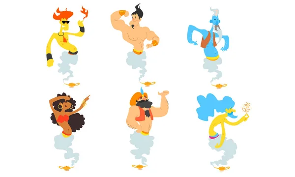 Conjunto de personagens de conto de fadas Gin, homens e mulheres saindo de lâmpadas mágicas ilustração do vetor dos desenhos animados — Vetor de Stock