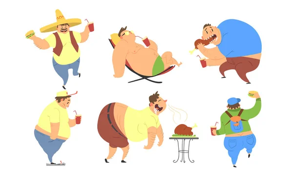 Divertido conjunto de hombres gordos, malos hábitos, estilo de vida poco saludable de las personas con sobrepeso Vector Ilustración — Vector de stock