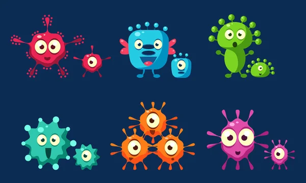 Insamling av söta bakterier set, mikrober, bacterias, virus tecken med roliga ansikten vektor illustration — Stock vektor