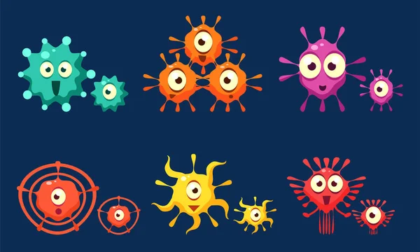 Insamling av söta färgglada Germs set, mikrober, bacterias, virus tecken med roliga ansikten vektor illustration — Stock vektor