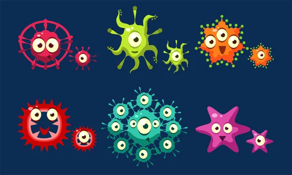 Insamling av söta färgglada bakterier set, roliga mikrober, patogener, bacterias, virus tecken vektor illustration — Stock vektor