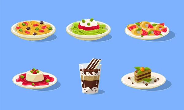 Ensemble de Plats Savoureux, Nourriture Délicieuse, Spaghettis, Souffle, Gâteau, Milkshake Illustration vectorielle — Image vectorielle