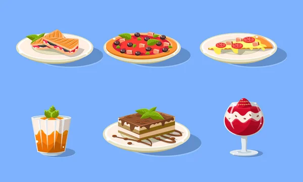 Ensemble de Plats Savoureux, Nourriture Délicieuse, Pizza, Gâteau, Desserts, Confiserie Illustration vectorielle — Image vectorielle