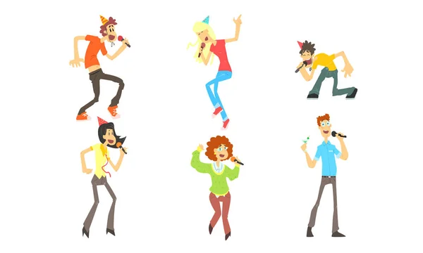 Söta roliga människor känslomässigt sjunger med mikrofon, man och kvinna sjunger karaoke på Party Vector illustration — Stock vektor