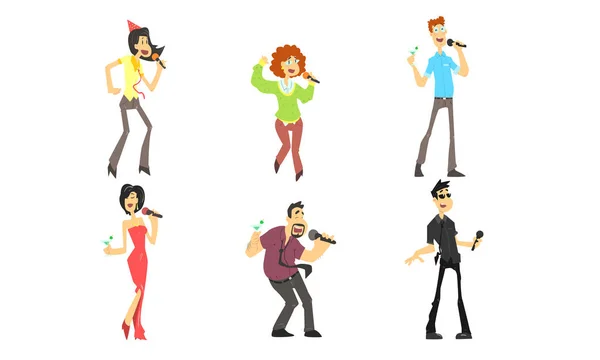Funny People Emotionally Singing with Microphone, Man and Woman Singing Karaoke at Party Vector Illustration — Stock Vector