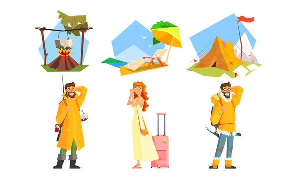 Pessoas viajando Set, Viagem ativa, Caminhadas com mochilas, Acampar, Pesca, Menina indo de férias de verão com mala Vector Ilustração — Vetor de Stock