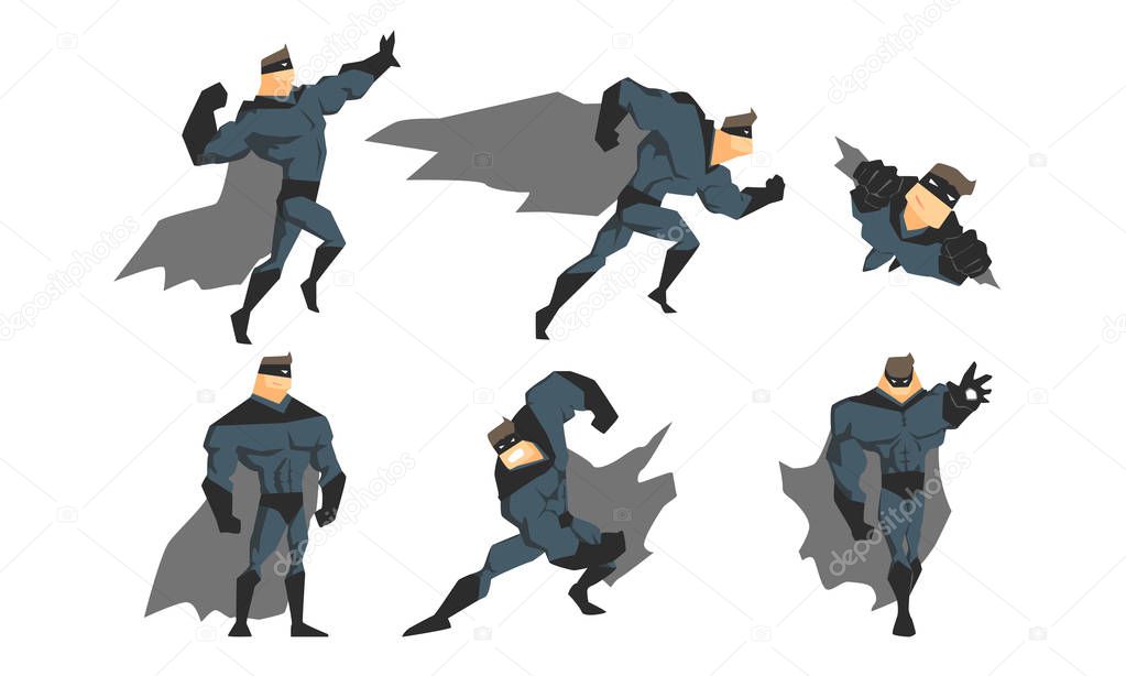 Superhero in Different Action Poses Set, Courageous Superhero Character in Gray Costume, Waving Cloaks and Black Mask Vector Illustration