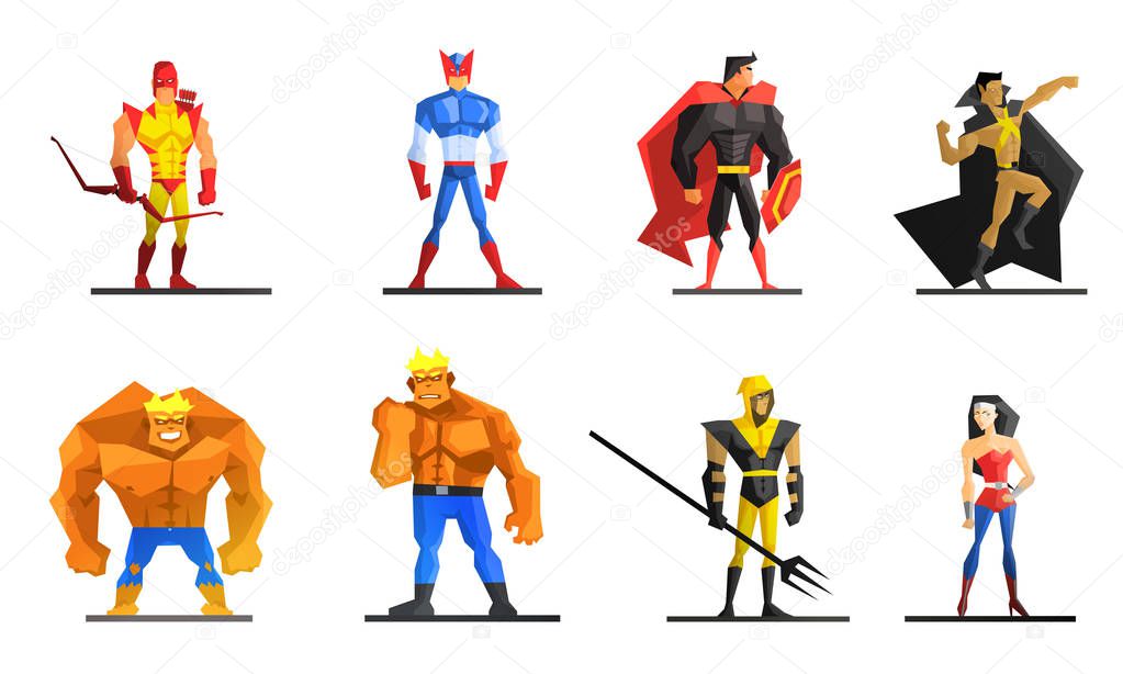 Superheroes Set, Different Male and Female Superhero Characters in Colorful Costumes Vector Illustration