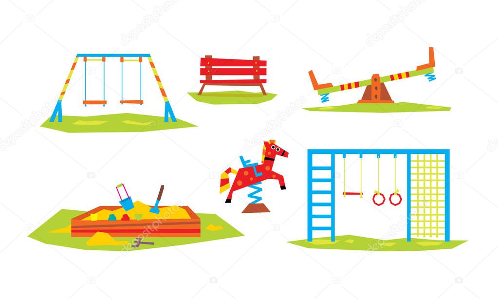 Kids Playground Elements Set, Sport and Recreation Ground Equipment, Slide, Ladder, Swing, Seesaw, Sandpit, Bench Vector Illustration