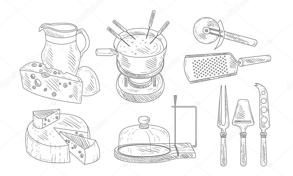 Tools for Chopping and Cutting of Cheese, Steel Knives Set, Cheese Fondue French Dish Vector Illustration