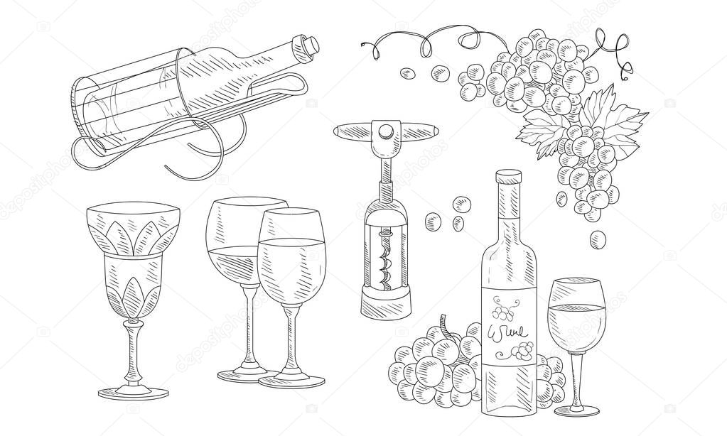 Wine Set, Hand Drawn Wine Objects, Bottle, Corkscrew, Glass, Grapes Vector Illustration