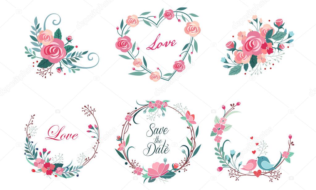 Floral Frame Collection, Wedding Invitation, Save the Date Card Design Elemets, Wreath with Blooming Flowers and Love Birds Vector Illustration