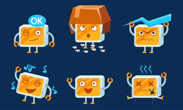 Funny Computer Monitores Personajes conjunto, Emoji monobloque con varias emociones Vector Ilustración — Archivo Imágenes Vectoriales