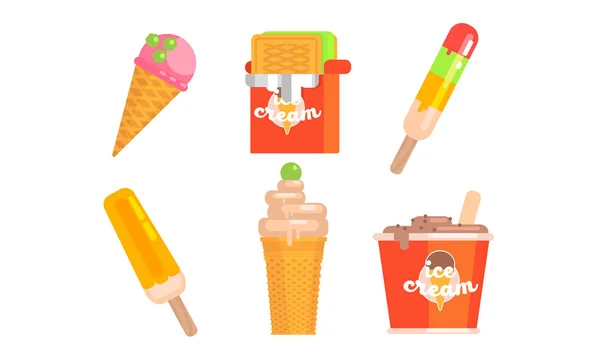 Collection of Different Types of Ice Cream, Tasty Ice Cream Scoop, Waffle Cone, Popsicle Vector Illustration — Stock Vector