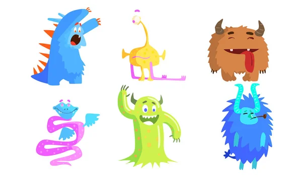 Grazioso divertente mostri set, divertente adorabile variopinto mostri personaggi vettoriale illustrazione — Vettoriale Stock
