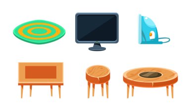 Mobilya Koleksiyonu, Ev Aksesuarları, Halı, Tv, Demir, Çekmece Sandığı, Sehpa, Ahşap Sandalye Vektör İllüstrasyon
