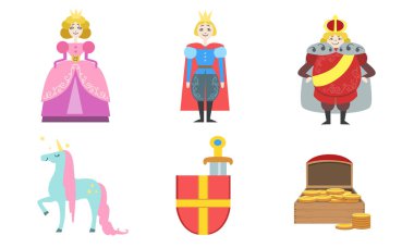 Sevimli Peri Masalları Karakter Seti, Prenses, Prens, Kral, Tekboynuz, Kalkan ve Kılıç, Sandık Altın Vektör İllüstrasyon Dolu