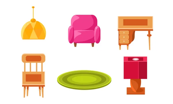 家具系列， 家居配件， 扶手椅， 木椅， 地毯， 灯， 桌面矢量插图 — 图库矢量图片