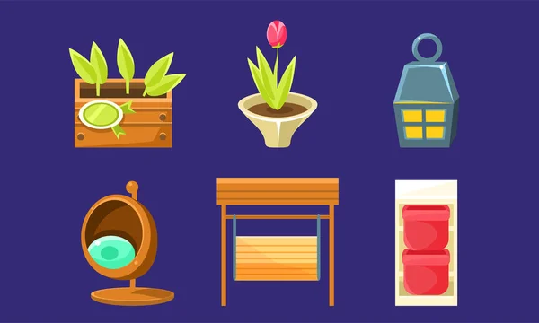 Set di elementi di progettazione del paesaggio del giardino, Piantine in scatola, Tulipano in vaso da fiori, Poltrona, Illustrazione vettoriale a battente — Vettoriale Stock