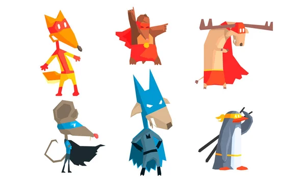 Collection d'animaux drôles personnages habillés en super-héros avec des chapeaux et des masques, courageux animaux mignons dans différentes poses d'action Illustration vectorielle — Image vectorielle