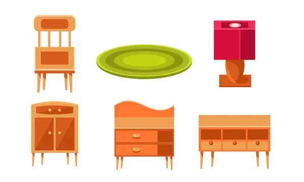 Collezione di mobili, Accessori per la casa, Sedia in legno, Tappeto, Lampada, Cassettiera Vettoriale Illustrazione — Vettoriale Stock
