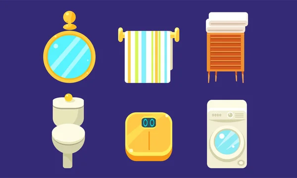沐浴设备和配件套装，浴室室内设计元素，马桶，秤，洗衣机矢量插图 — 图库矢量图片